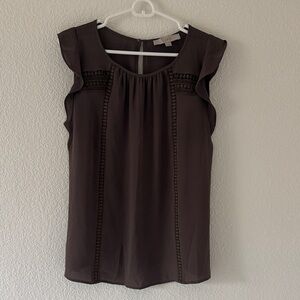 LOFT Dark Brown Ruffle Sleeve Embellished Blouse